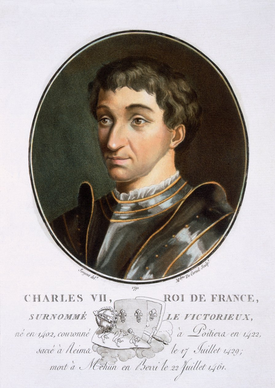 Kaarle VII, teoksesta Muotokuvia suurista miehistä, maineikkaista naisista ja ikimuistoisista Ranskan aiheista, kaiverrettu ja painettu värillisesti, julkaissut Pierre Blin, 1786-92, Pariisi (värikaiverrus) tekijältä Antoine Louis Francois Sergent Marceau