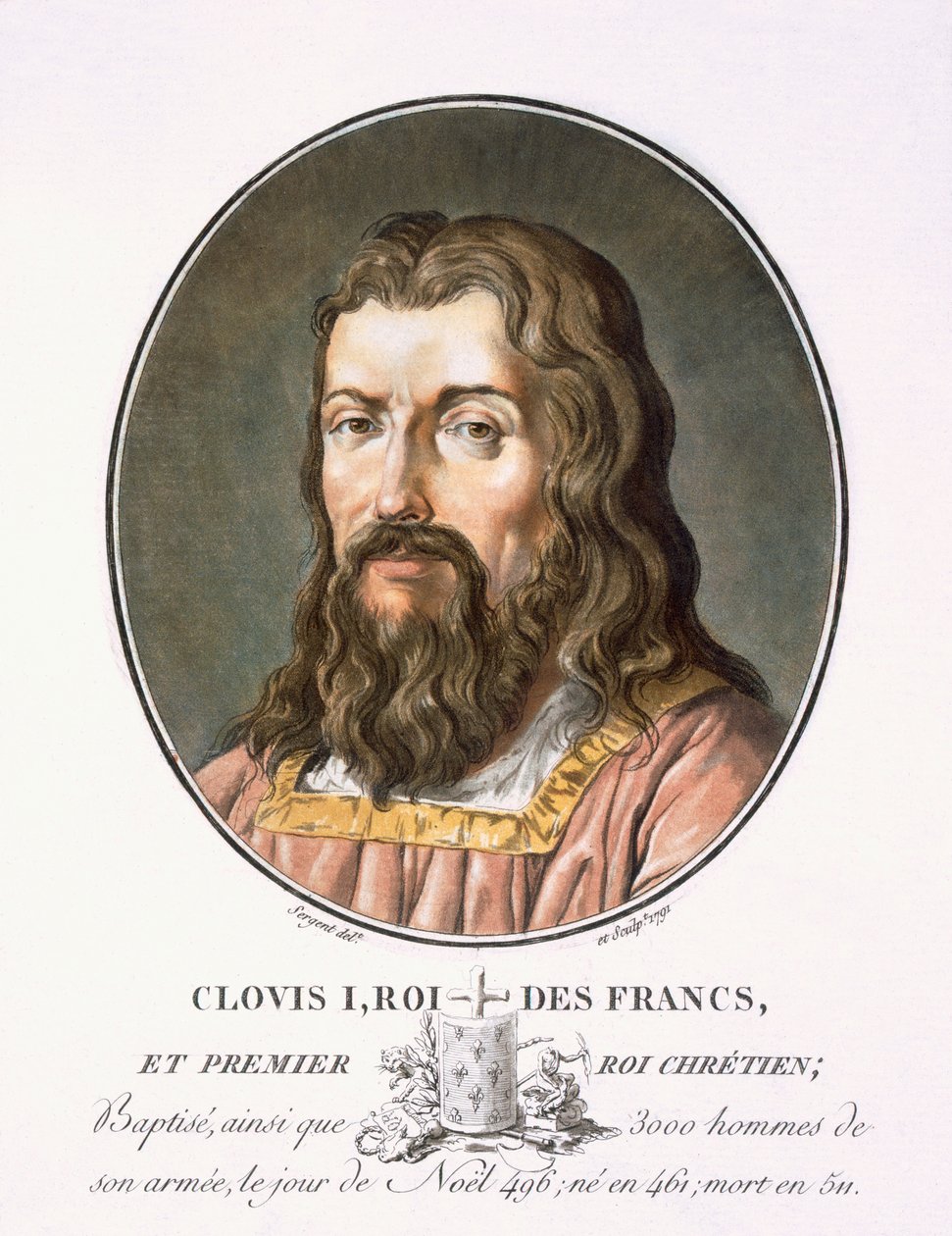 Clovis I, teoksesta "Muotokuvia suurista miehistä, maineikkaista naisista ja ikimuistoisista Ranskan kohteista, kaiverrettu ja painettu väreillä", julkaisija Pierre Blin, 1786-92, Pariisi (värikaiverrus) tekijältä Antoine Louis Francois Sergent Marceau