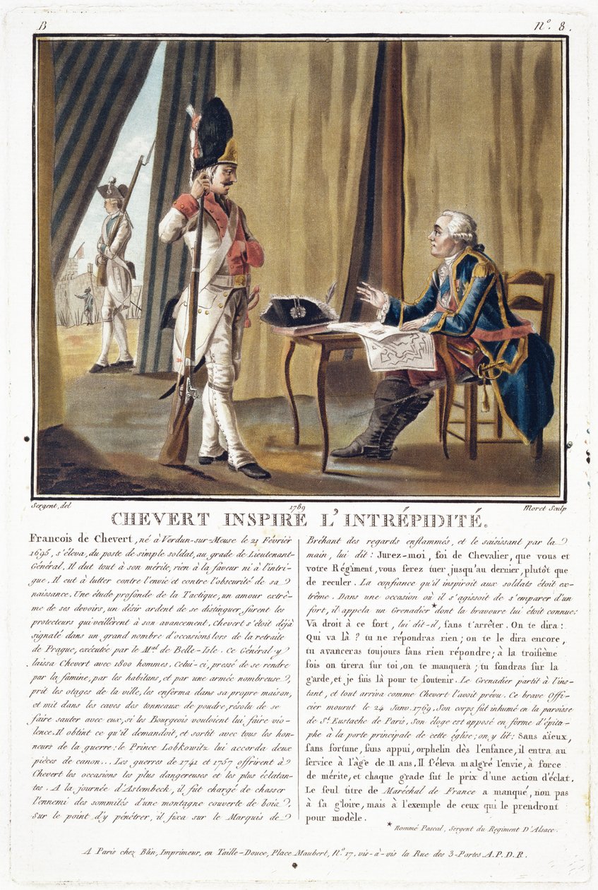 Francois Chevert (1695-1769) innostaa rohkeuteen, kaiverrettu Jean Baptiste Morret