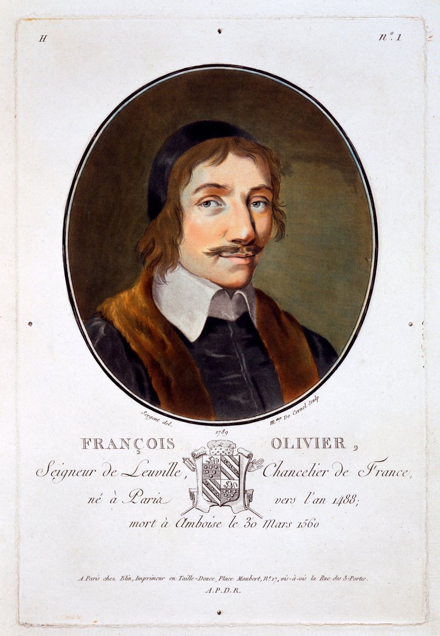 Francois Olivier Seigneur de Leuville, teoksesta Muotokuvia suurista miehistä, maineikkaista naisista ja ikimuistoisista Ranskan kohteista, kaiverrettu ja painettu värillinen, julkaisija Pierre Blin, 1786-92, Pariisi (colo tekijältä Antoine Louis Francois Sergent Marceau