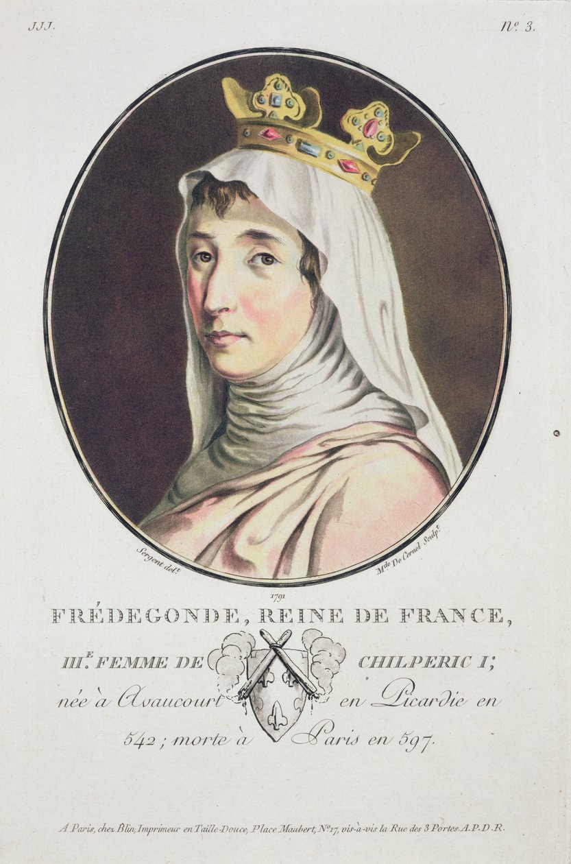 Fredegonde, frankien kuningatar, teoksesta Ranskan suurmiesten, maineikkaan naisten ja ikimuistoisten kohteiden muotokuvia, kaiverrettu ja painettu värillinen, julkaisija Pierre Blin, 1786-92, Pariisi (värillinen e tekijältä Antoine Louis Francois Sergent Marceau