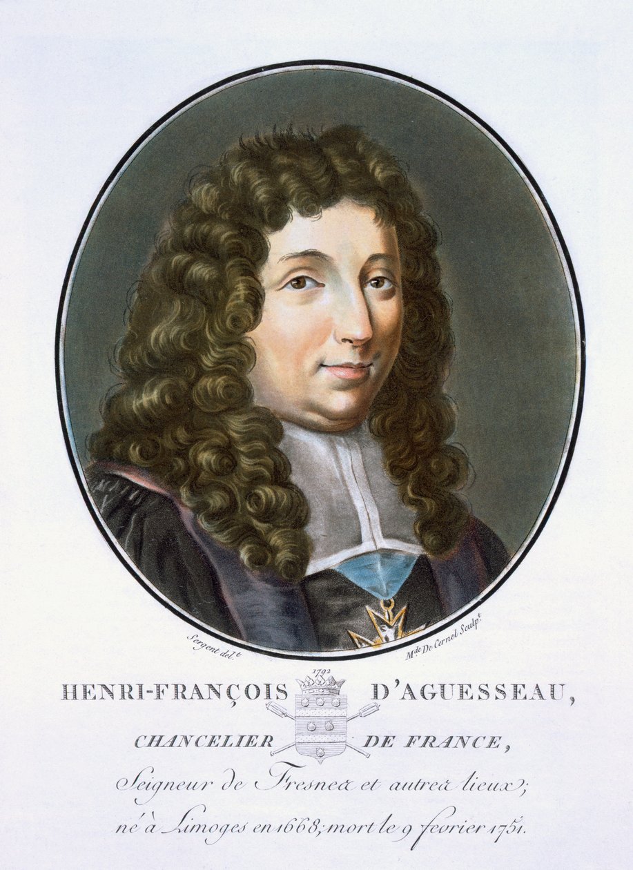 Henri-Francois dAguesseau, Muotokuvia suurista miehistä, maineikkaista naisista ja ikimuistoisista Ranskan kohteista, kaiverrettu ja painettu värillisesti, julkaisija Pierre Blin, 1786-92, Pariisi (värikaiverrus) tekijältä Antoine Louis Francois Sergent Marceau