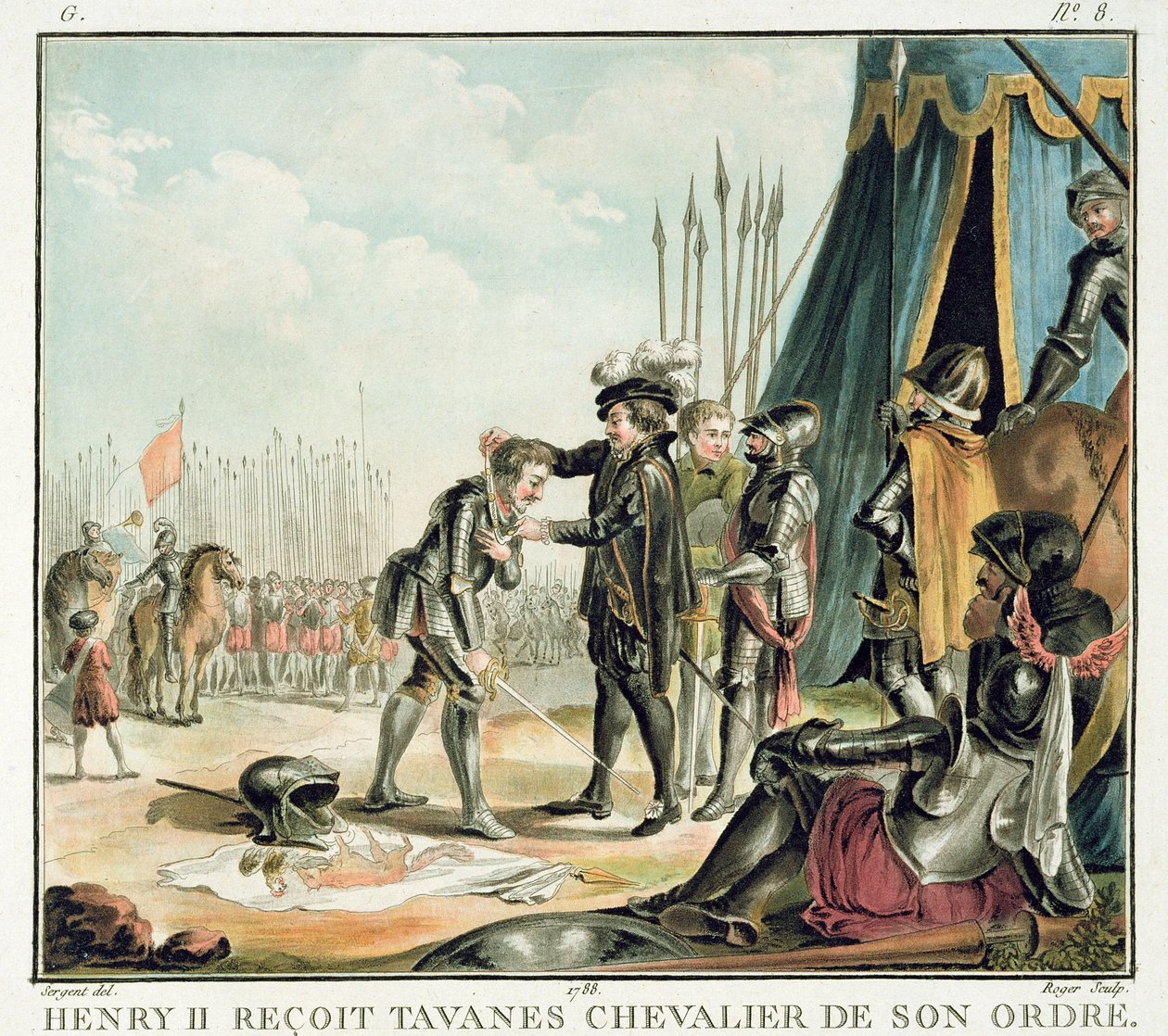 Henri II (1519-59) vastaanottaa Jean de Tavanesin ritariksi ritarikuntaansa, kaivertanut Roger, 1788 tekijältä Antoine Louis Francois Sergent Marceau