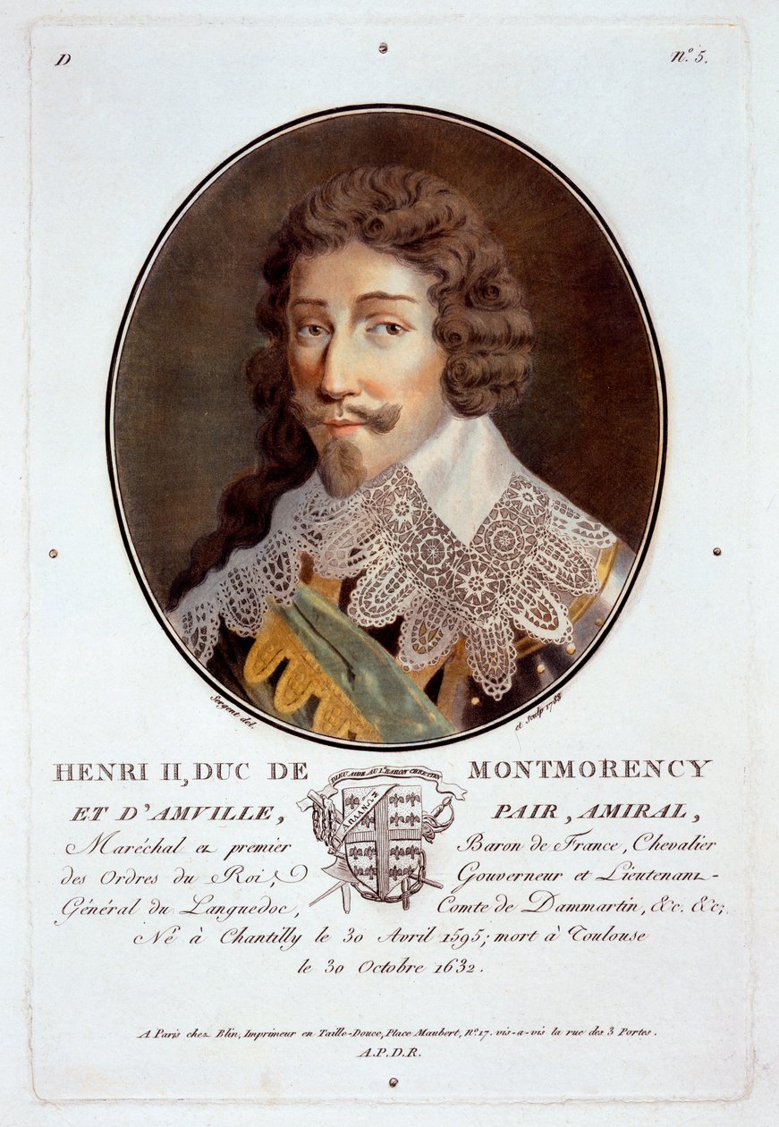 Henri II, Duc de Montmorency et dAmville, teoksesta Muotokuvia suurista miehistä, maineikkaista naisista ja ikimuistoisista Ranskan kohteista, kaiverrettu ja painettu värillinen, julkaisija Pierre Blin, 1786-92, Pariisi (n. tekijältä Antoine Louis Francois Sergent Marceau