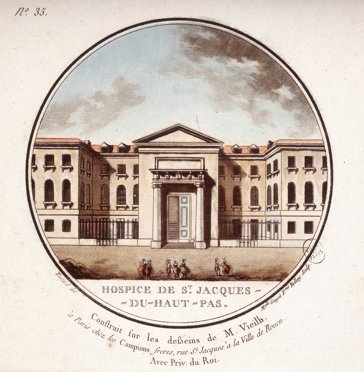 Hospice de Saint Jacques Du Haut Pas on rakennettu Vieilbin, nykyisen Cochinin sairaalan, piirustusten mukaan, Pariisissa. Kersantin prittoreskissa näkymässä Pariisin päärakennuksiin tekijältä Antoine Louis Francois Sergent Marceau