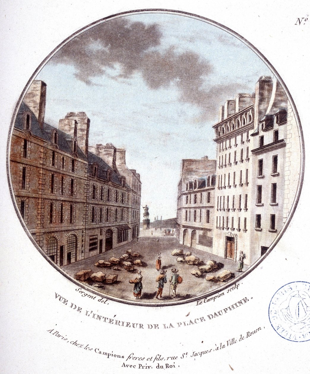 Sisäkuva Place Dauphine -aukiolta, Pariisi. Kersantin prittoreskissa näkymässä Pariisin päärakennuksiin tekijältä Antoine Louis Francois Sergent Marceau