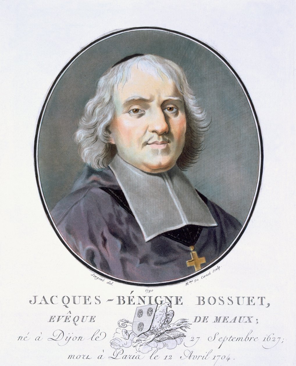 Jacques = Benigne Bossuet, teoksesta Muotokuvia suurista miehistä, maineikkaista naisista ja ikimuistoisista Ranskan kohteista, kaiverrettu ja painettu värillisesti, julkaisija Pierre Blin, 1786-92, Pariisi (värikaiverrus) tekijältä Antoine Louis Francois Sergent Marceau
