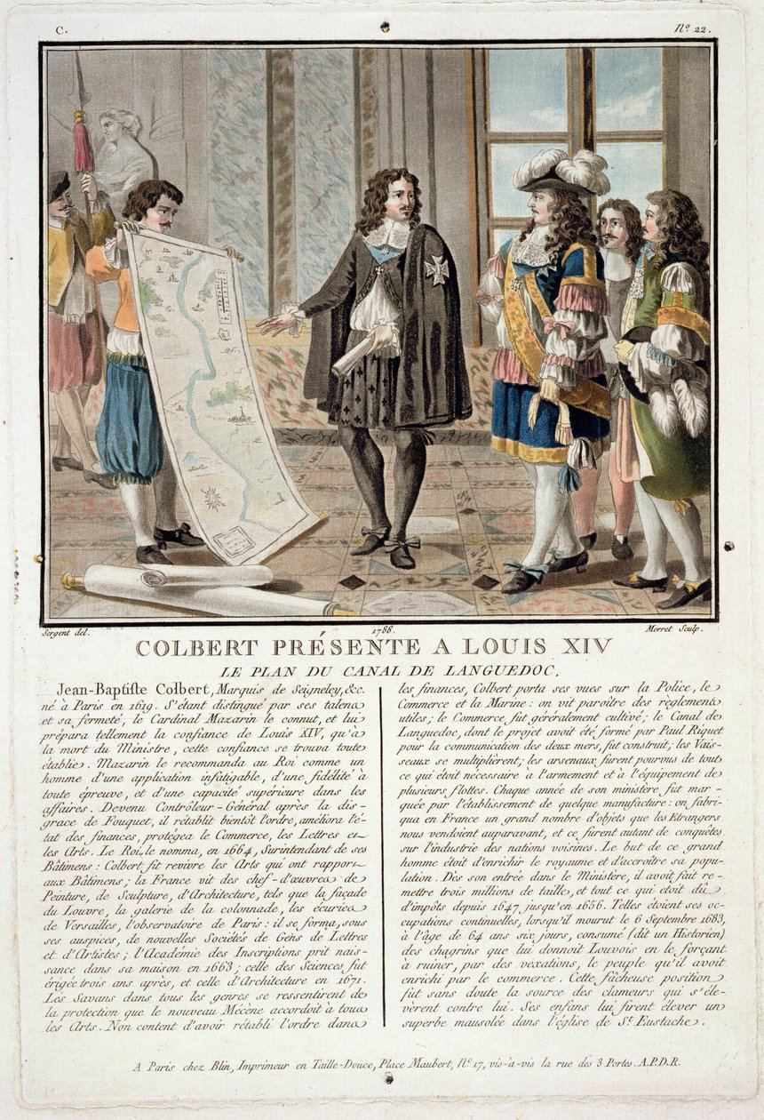 Jean Baptiste Colbert (1619-83) esittelee Louis XIV:lle Canal du Languedocin kartan, jonka kaiverrus on Jean Baptiste Morret (fl.1790-1820), 1788. tekijältä Antoine Louis Francois Sergent Marceau