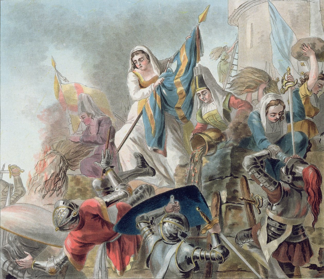 Jeanne Laisne nostaa standardia Bourgognen miehiä vastaan, kaivertanut Morret (fl. 1790-1820) 1787 tekijältä Antoine Louis Francois Sergent Marceau