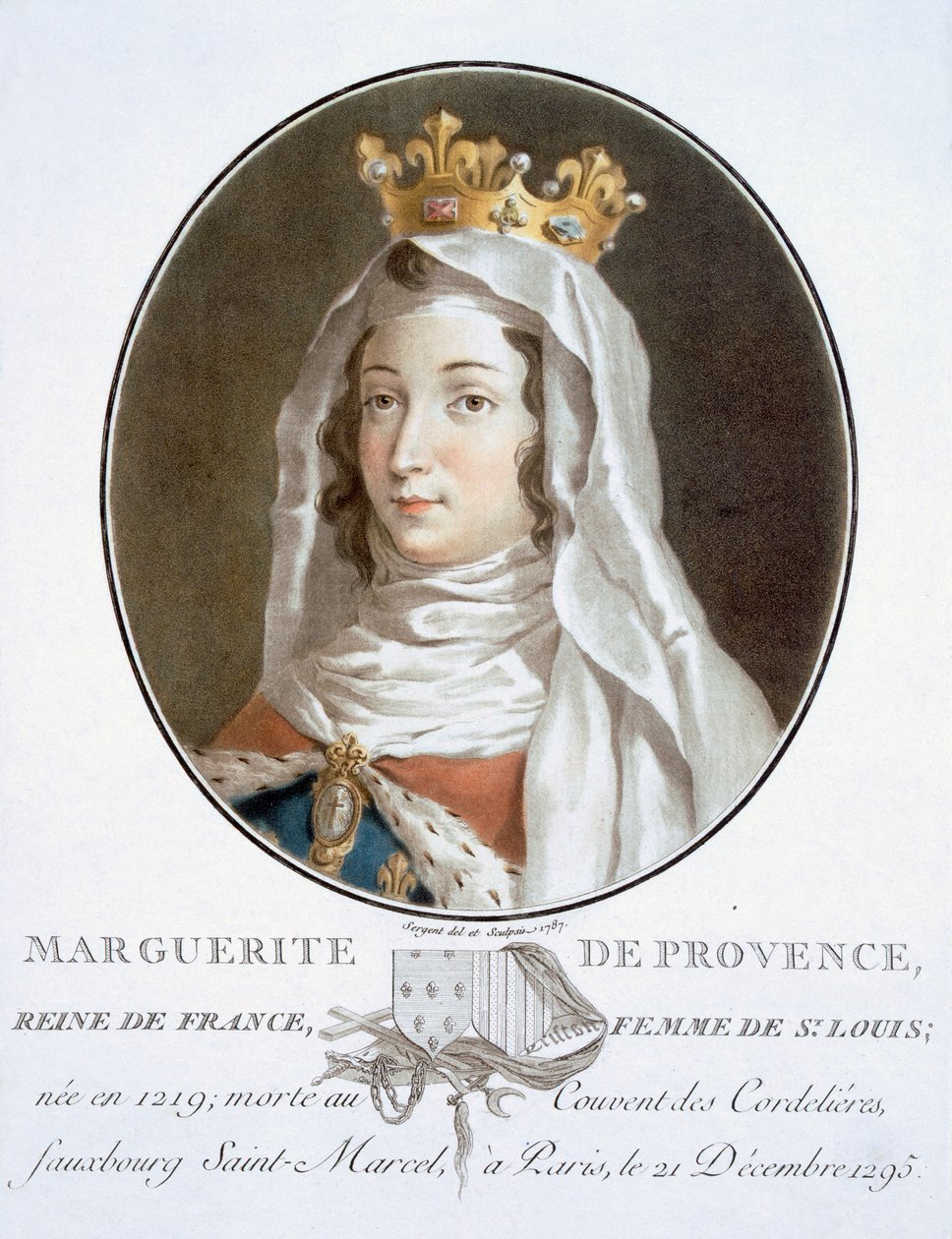 Marguerite de Provence, muotokuvia suurista miehistä, maineikkaista naisista ja ikimuistoisista Ranskan kohteista, kaiverrettu ja painettu värillisesti, julkaisija Pierre Blin, 1786-92, Pariisi (värikaiverrus) tekijältä Antoine Louis Francois Sergent Marceau