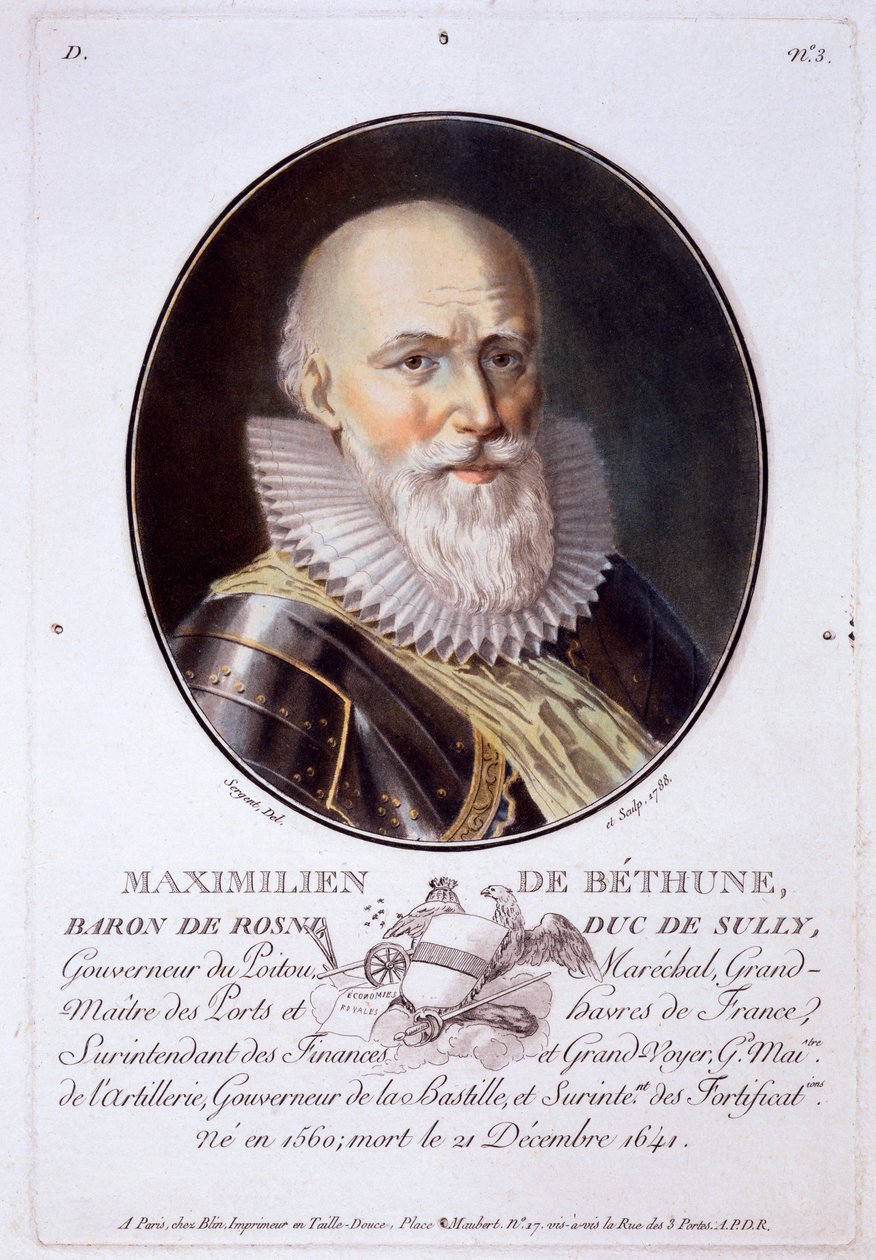 Maximilien de Bethune, Baron de Rosni ja Duc de Sully, teoksesta Muotokuvia suurista miehistä, maineikkaista naisista ja ikimuistoisista Ranskan kohteista, kaiverrettu ja väripainettu, julkaisija Pierre Blin, 178 tekijältä Antoine Louis Francois Sergent Marceau