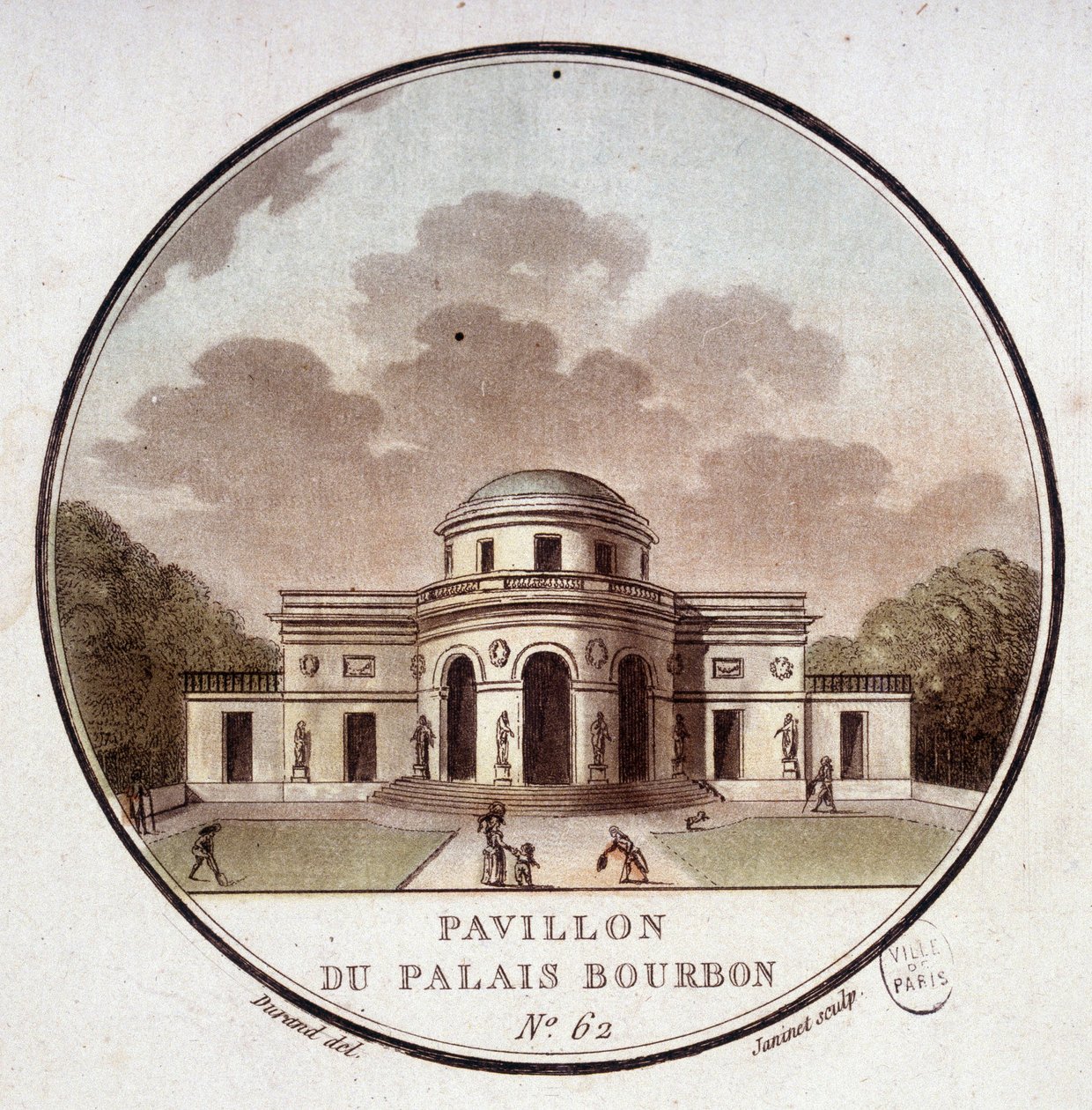 Palais Bourbonin paviljonki, Pariisi. Kersantin prittoreskissa näkymässä Pariisin päärakennuksiin tekijältä Antoine Louis Francois Sergent Marceau