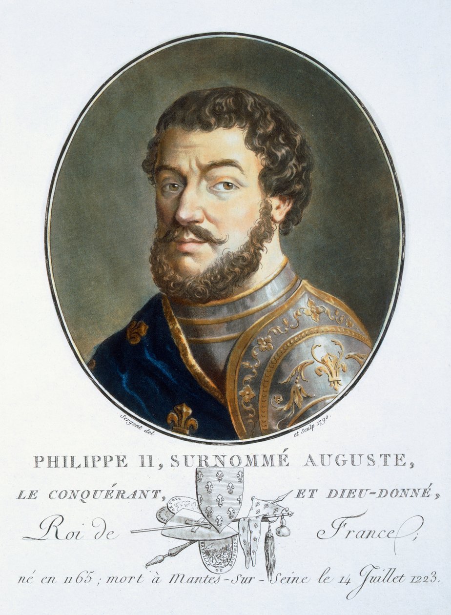Philippe II Auguste, kirjasta Muotokuvia suurista miehistä, maineikkaista naisista ja ikimuistoisista Ranskan kohteista, kaiverrettu ja painettu värillisesti, julkaisija Pierre Blin, 1786-92, Pariisi (värikaiverrus) tekijältä Antoine Louis Francois Sergent Marceau