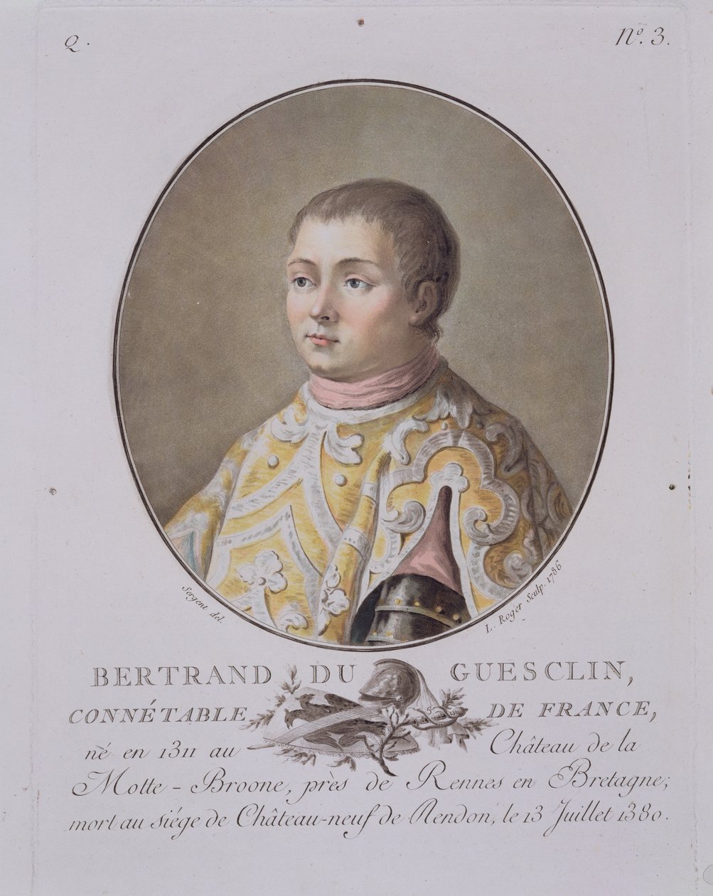Ranskan korkean konstaapelin Bertrand du Guesclinin (1311-80) muotokuva, kaiverrus Leon Roger, 1786 tekijältä Antoine Louis Francois Sergent Marceau