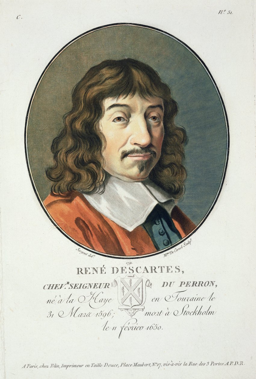 Rene Descartes teoksesta "Muotokuvia suurista miehistä, maineikkaista naisista ja ikimuistoisista Ranskan aiheista, kaiverrettu ja painettu värillisesti", julkaisija Pierre Blin, 1786-92, Pariisi tekijältä Antoine Louis Francois Sergent Marceau