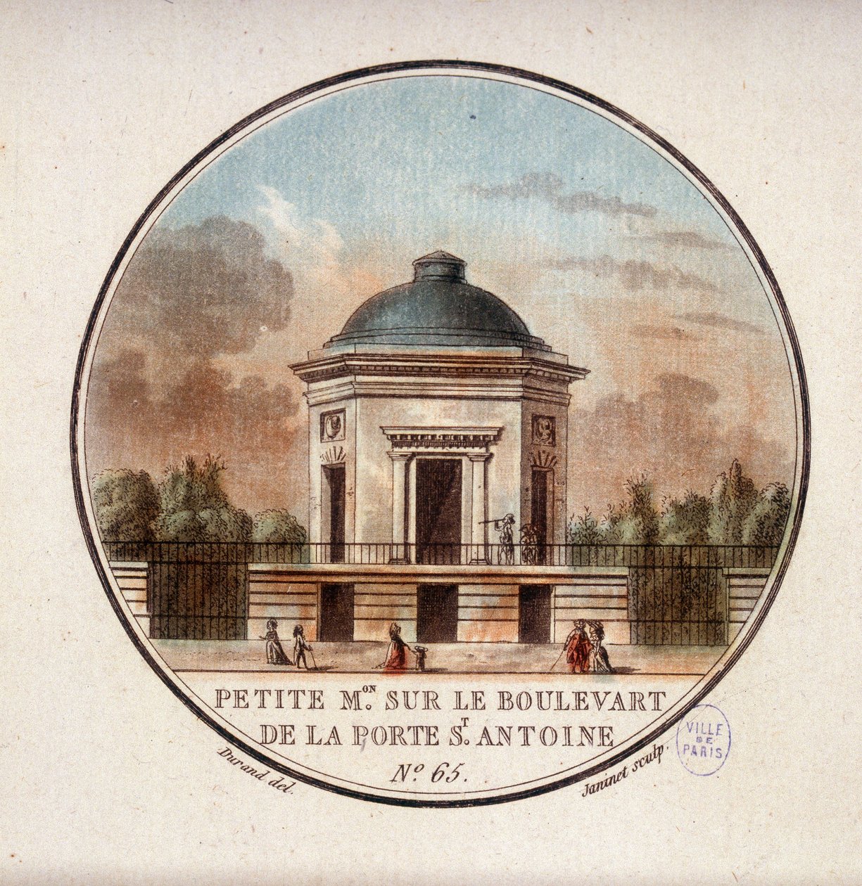 Pieni talo Porte Saint Antoinen bulevardilla. Kersantin pittoresque näkymät Pariisin päärakennuksiin tekijältä Antoine Louis Francois Sergent Marceau