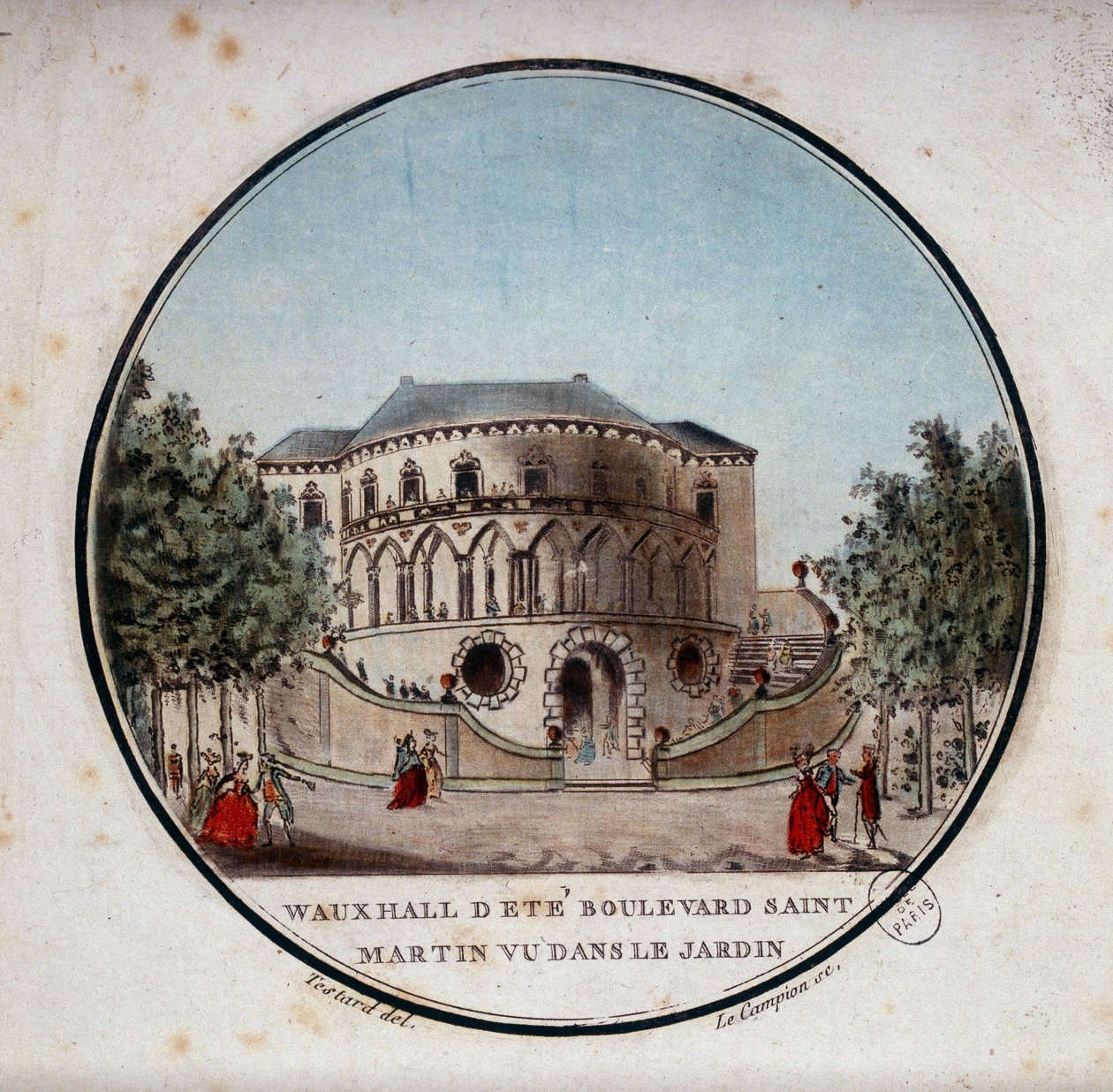 Boulevard saint germainin vasikkasali puutarhasta, Pariisista. Kersantin prittoreskissa näkymässä Pariisin päärakennuksiin tekijältä Antoine Louis Francois Sergent Marceau