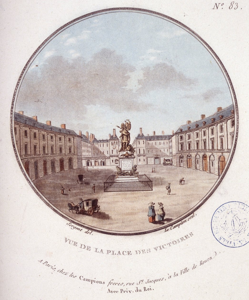Näkymä Place des Victoires -aukiolle, Pariisi. Kersantin prittoreskissa näkymässä Pariisin päärakennuksiin tekijältä Antoine Louis Francois Sergent Marceau