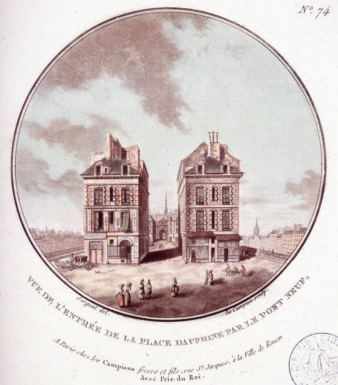 Näkymä Place Dauphine -aukiolle Pont Neufin luona Pariisissa. Kersantin prittoreskissa näkymässä Pariisin päärakennuksiin tekijältä Antoine Louis Francois Sergent Marceau