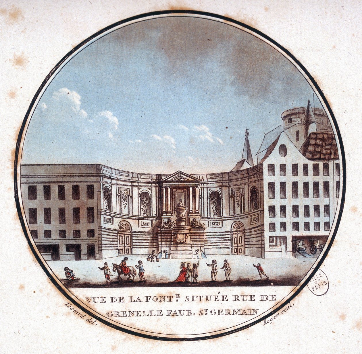 Näkymä rue de Grenelle Faubourg Saint Germainin suihkulähteelle, nykyinen Grenellen suihkulähde. Kersantin pittoresque näkymät Pariisin päärakennuksiin tekijältä Antoine Louis Francois Sergent Marceau
