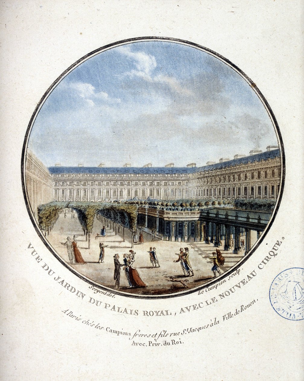 Näkymä Palais Royalin puutarhaan - Kersantin "" Kuvankauniit näkymät Pariisin päärakennuksiin" tekijältä Antoine Louis Francois Sergent Marceau