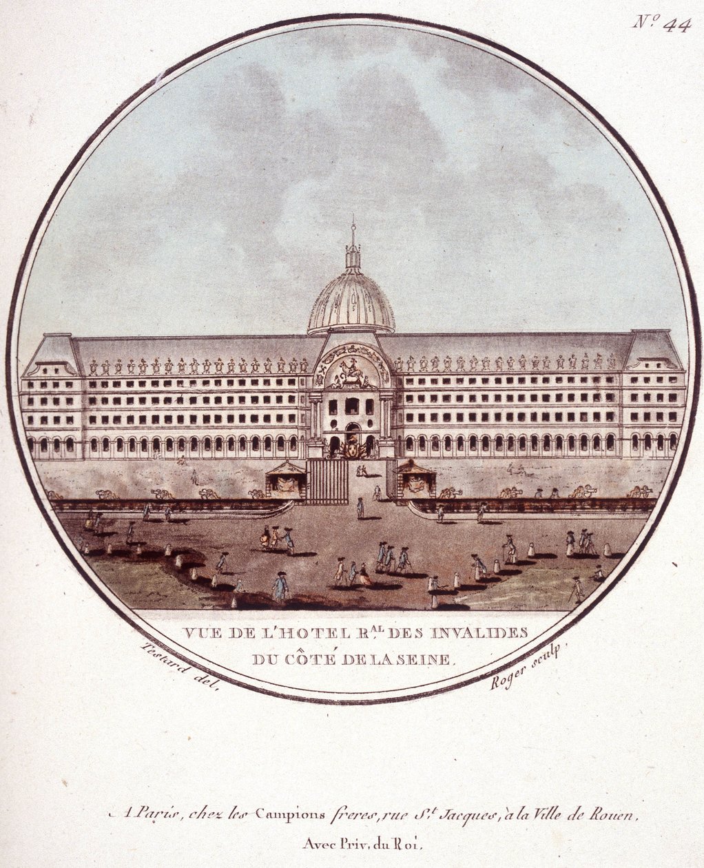 Näkymä hotelli regional des Invalides Seinen puolella, Pariisi. Kersantin pittoresque näkymät Pariisin päärakennuksiin tekijältä Antoine Louis Francois Sergent Marceau