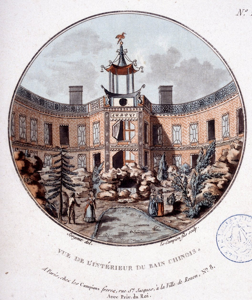 Näkymä Pariisin kiinalaisen kylpylän sisätiloihin. Kersantin prittoreskissa näkymässä Pariisin päärakennuksiin tekijältä Antoine Louis Francois Sergent Marceau