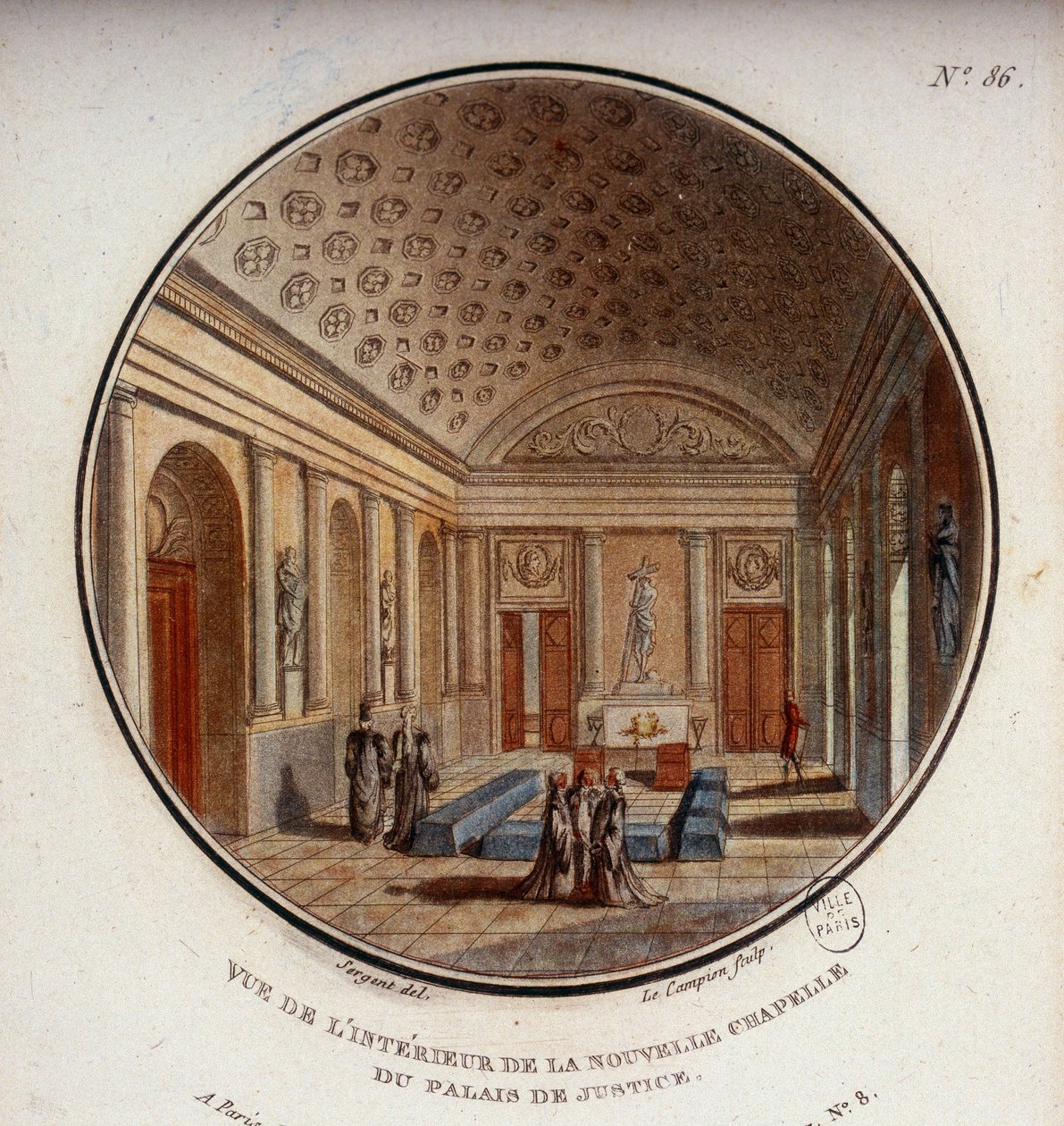 Näkymä oikeustalon, nykyisen Sainte Chapellen, Pariisin uuden kappelin sisätiloihin. Kersantin prittoreskissa näkymässä Pariisin päärakennuksiin tekijältä Antoine Louis Francois Sergent Marceau