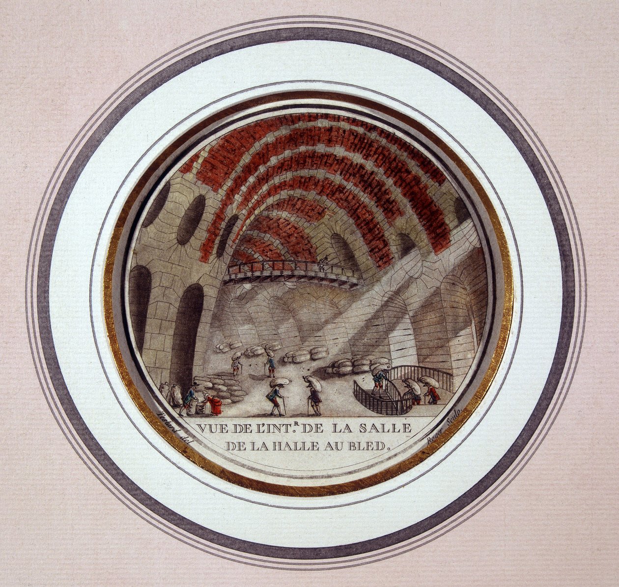 Näkymä Le Camus de Mézièresin vuosina 1763–1766 rakentaman uuden kauppahallin sisätiloista, joka on nykyään Pariisin pörssi. Kersantin prittoreskissa näkymässä Pariisin päärakennuksiin tekijältä Antoine Louis Francois Sergent Marceau