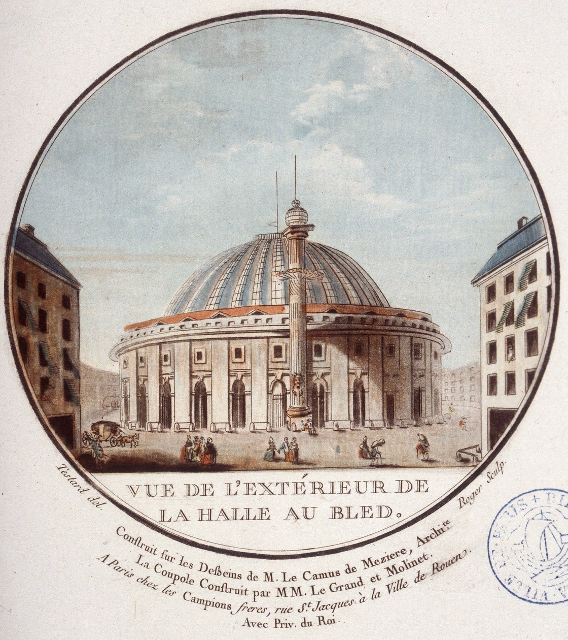 Näkymä vehnämarkkinoiden ulkopuolelle, Le Camus de Mézièresin vuosina 1763–1766 rakentama Pariisi, joka on nykyään Pariisin pörssi. Kersantin prittoreskissa näkymässä Pariisin päärakennuksiin tekijältä Antoine Louis Francois Sergent Marceau