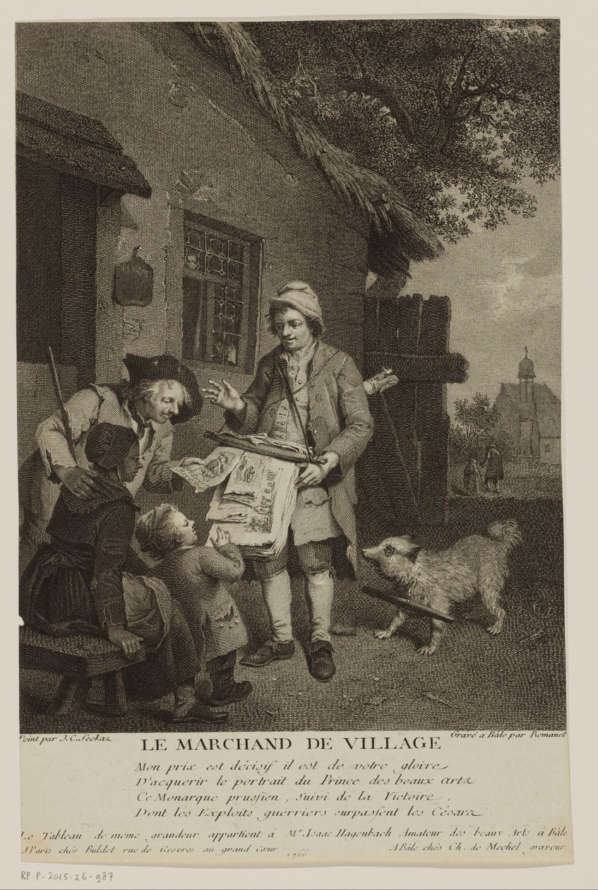 Kiertelevä printtimyyjä kylässä Le Marchand de Village (otsikko esineessä) tekijältä Antoine Louis Romanet