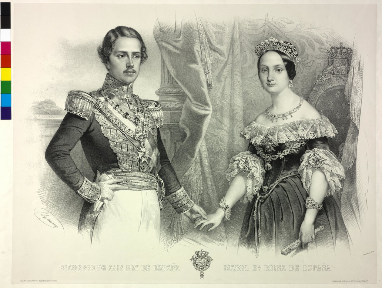 Espanjan kuningatar ja hänen miehensä Franz Isabella II (litografia) tekijältä Antoine Maurin