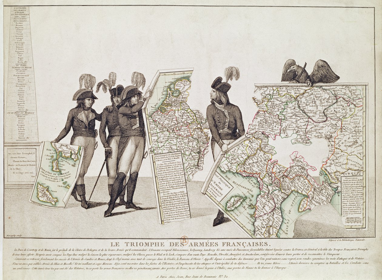 Ranskan armeijoiden voitto, Napoleon ja hänen kenraalit pitävät karttoja voittostaan Loebenin rauhan aikaan, 18. huhtikuuta 1797, n. 1797 tekijältä Antoine Maxime Monsaldy
