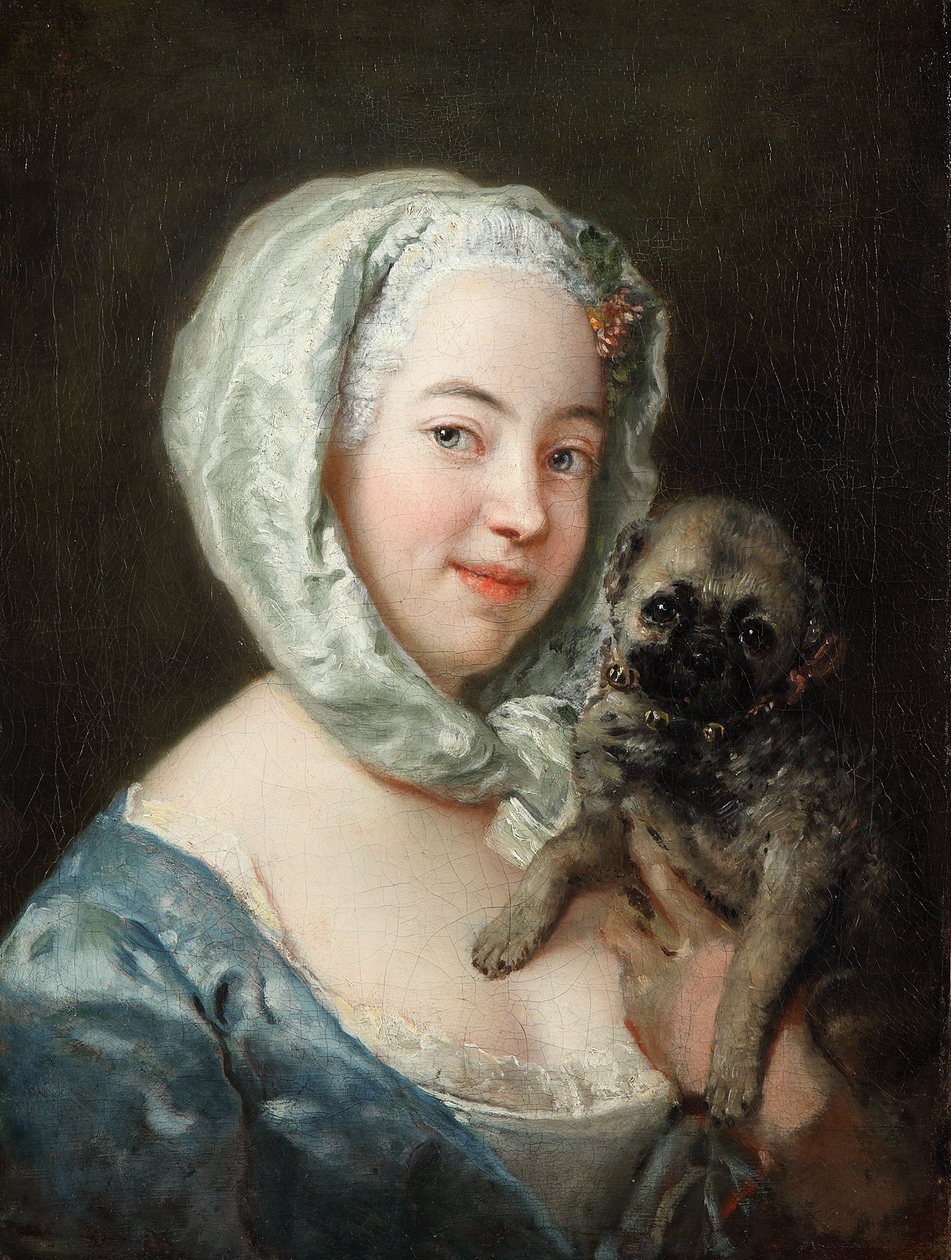 Marie de Rège, o.s. Pesne, mopsin kanssa tekijältä Antoine Pesne