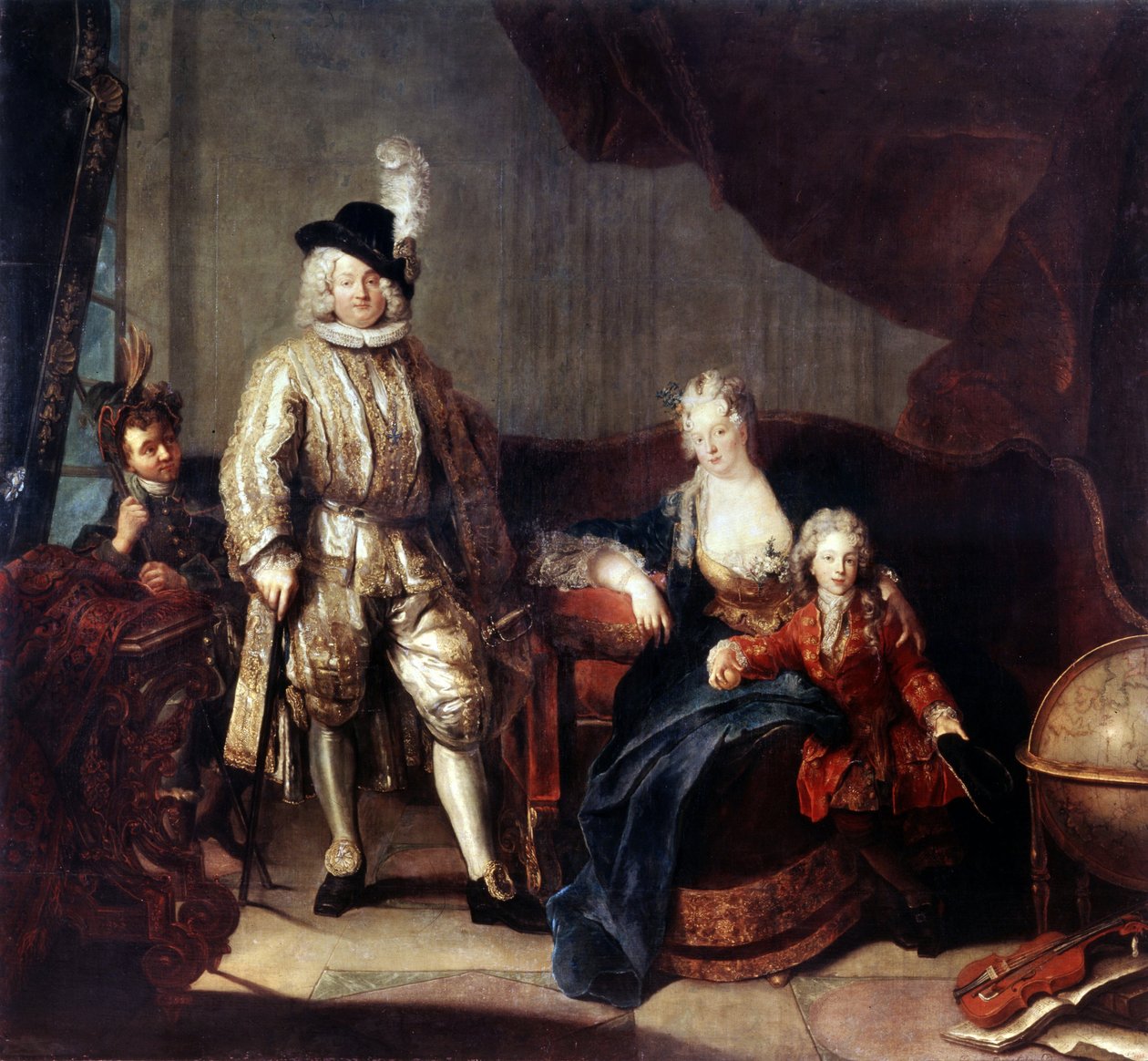 Paroni von Erlachin muotokuva perheineen. Antoine Pesnen (1683-1757) maalaus noin 1710. Öljy kankaalle. Saksalaista barokkityylistä taidetta. Eremitaaši, Pietari tekijältä Antoine Pesne