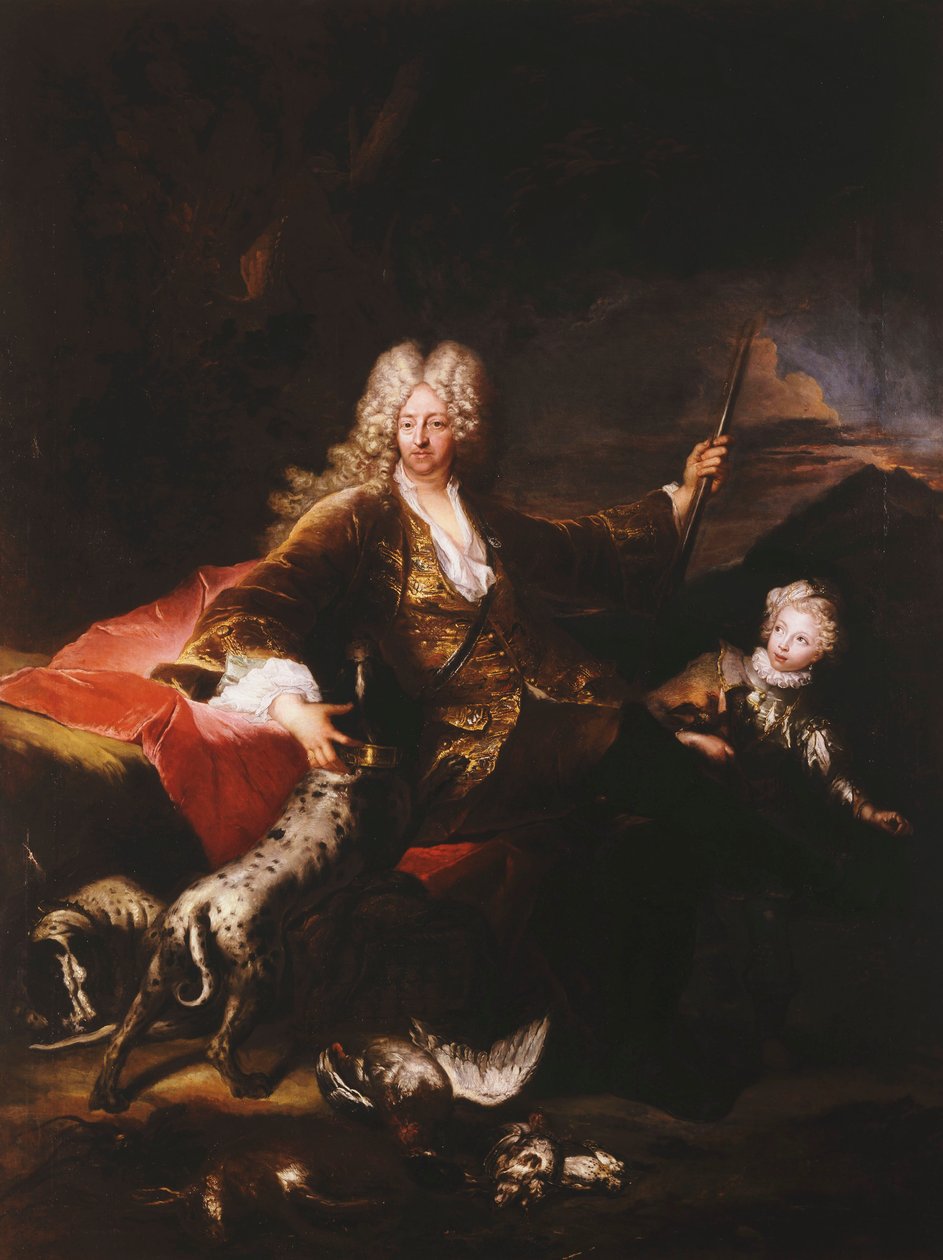 Marchese Paolo Corbellin muotokuva, täyspitkä, istuu pankissa metsän reunalla, 1709 tekijältä Antoine Pesne