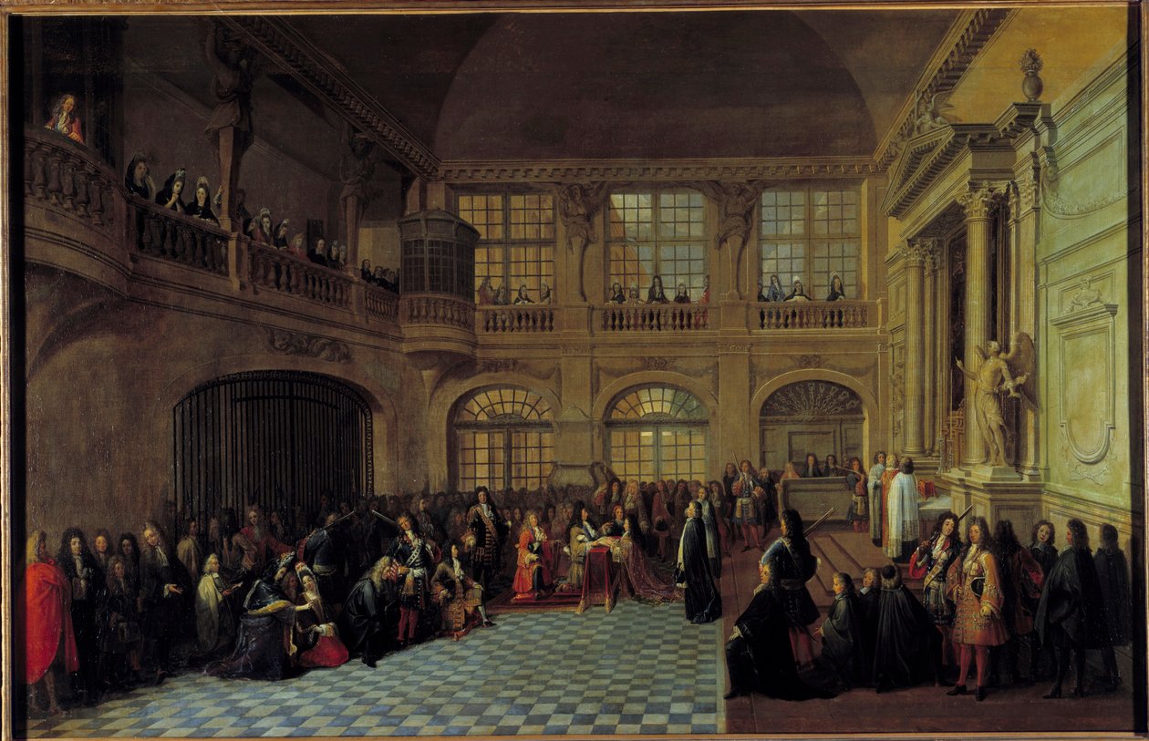 Kuningas Ludvig XIV vastaanottaa Marquis de Dangeaun, Notre Dame du Mont Carmelin ja Saint Lasaruksen yhdistyneiden ritarikunnan suurmestarin valan Versailles