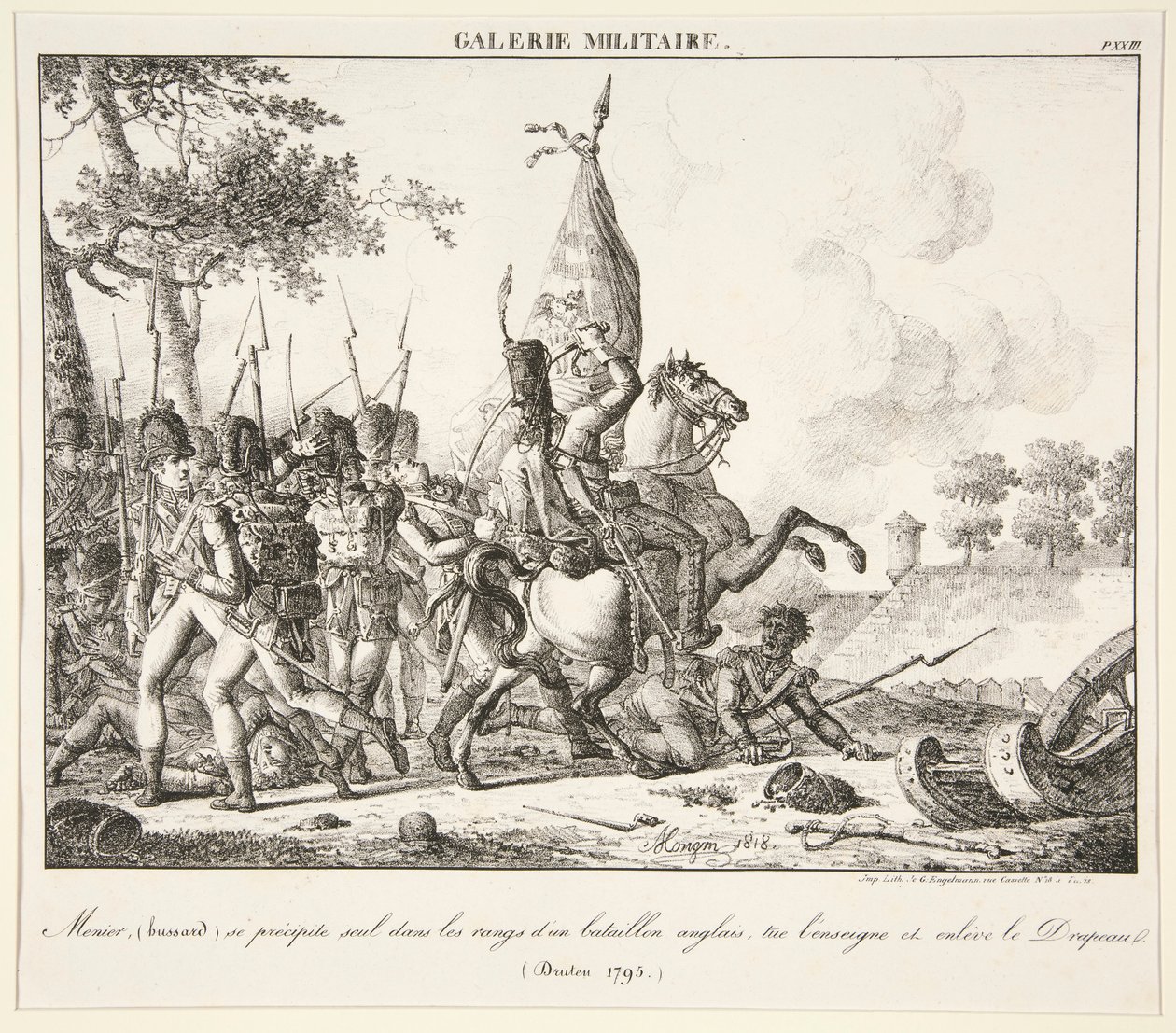 Menier (Husaari) heittäytyy yksin englantilaisen pataljoonan riviin, tappaa lipun ja vangitsee lipun (Druten, 1795) tekijältä Antoine Pierre Mongin