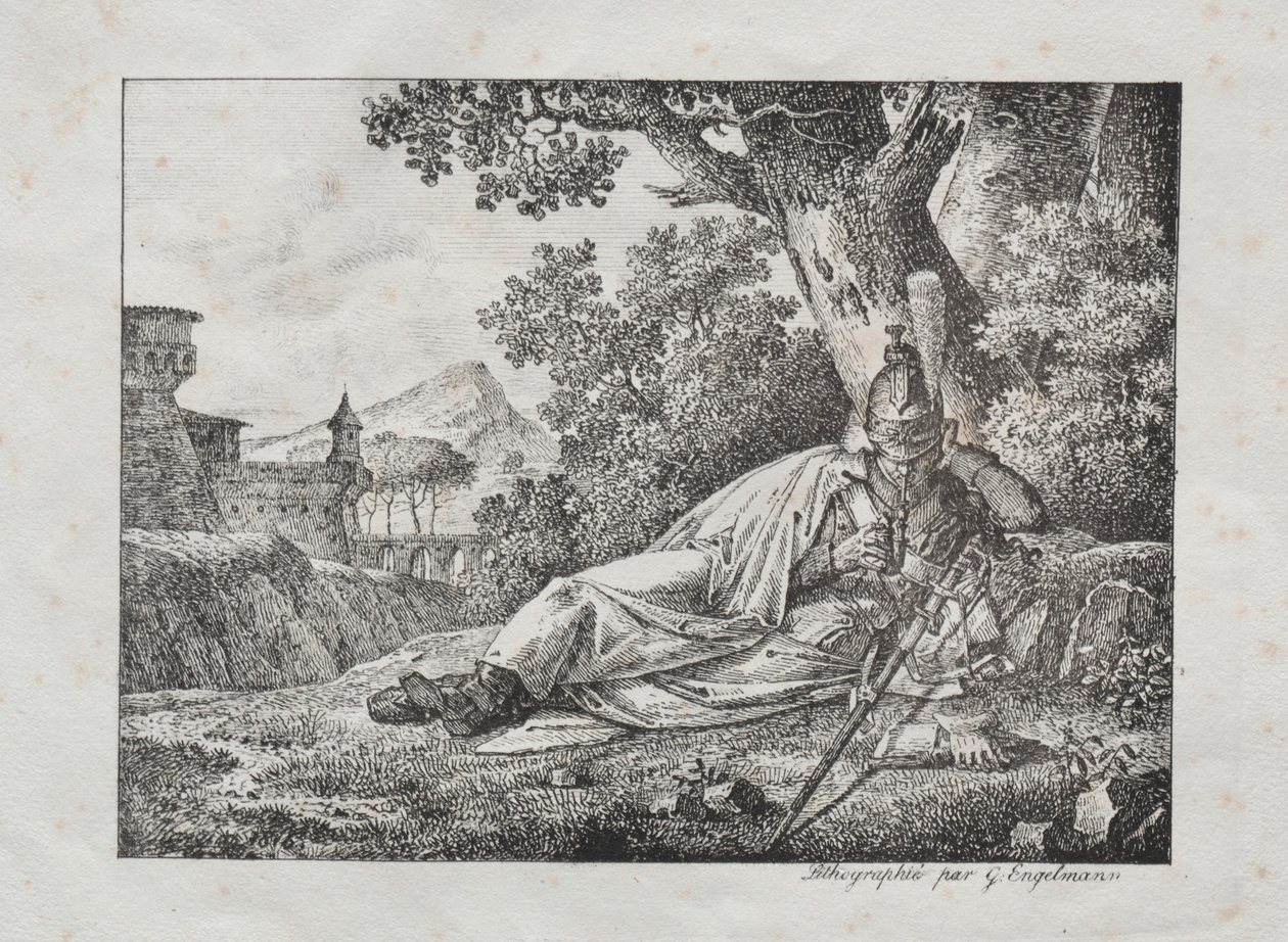 Kokoelma litografisia esseitä: Tupakoiva lohikäärme makaa puun juurella, 1822. tekijältä Antoine Pierre Mongin