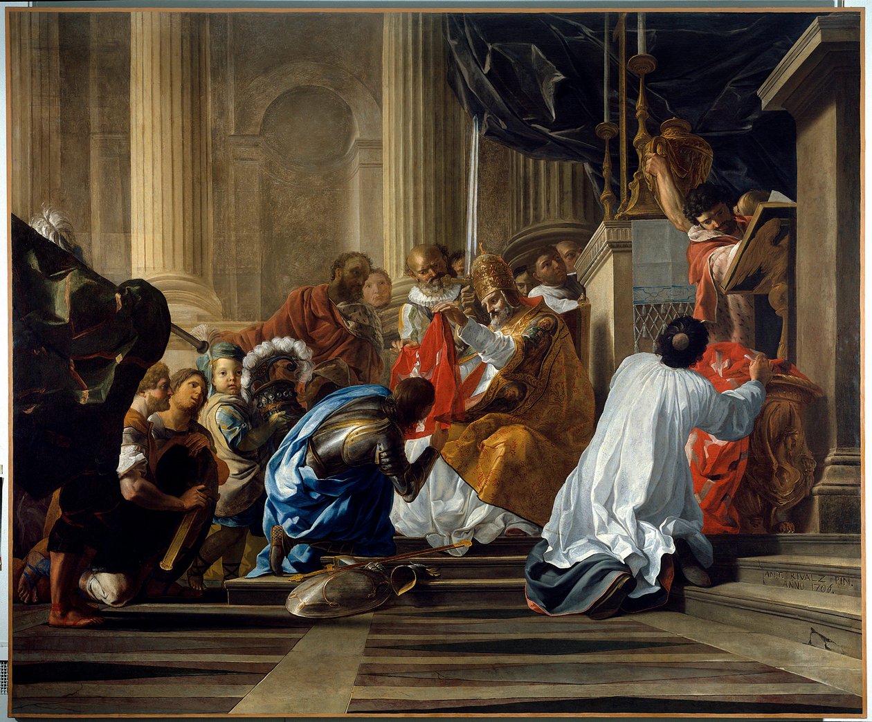Ensimmäinen ristiretki: "" Toulousen Raymond IV, dit Raymond de Saint Gilles, Toulousen ja Tripolin kreivi (Raymond I) (1042-1105) ottaa ristin"" Antoine Rivalzin (1667-1735) maalaus Toulouse. Musée des Augustins tekijältä Antoine Rivalz