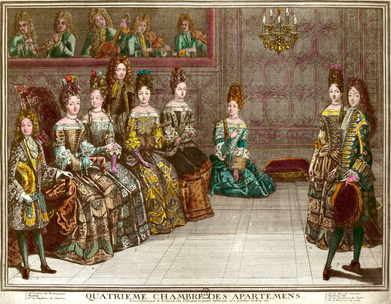 Tanssi Ludvig XIV:n (1638-1715) perheen huoneistojen neljännessä makuuhuoneessa Versailles