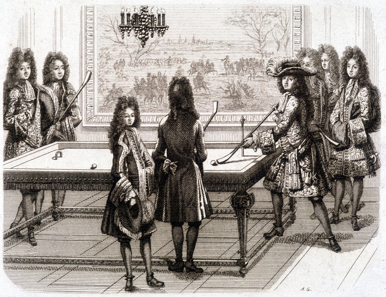 Ludvig XIV pelaa biljardia (monsieur (kuninkaan veli), Vendômen herttua, Toulousen kreivi, Chamillart, le Roi, M. d