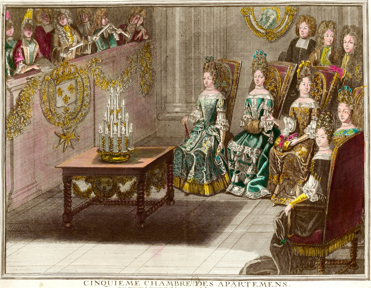 Musiikkitunti Louis XIV:n (1638-1715) perheasuntojen viidennessä makuuhuoneessa Versailles
