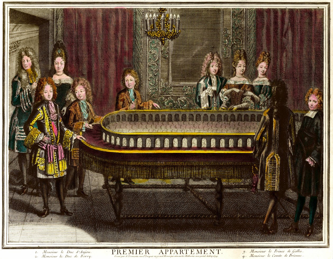 Philippe Ranskan, Anjoun herttua, sitten Espanjan kuningas (1683-1746), Charles, Berryn herttua (1686-1714) ja Walesin prinssi soittamassa portiikkoa Ludvig XIV:n ensimmäisessä asunnossa Versaillesissa - Antoine Trouvainin kaiverrus (1656) -1708) Yksityine tekijältä Antoine Trouvain