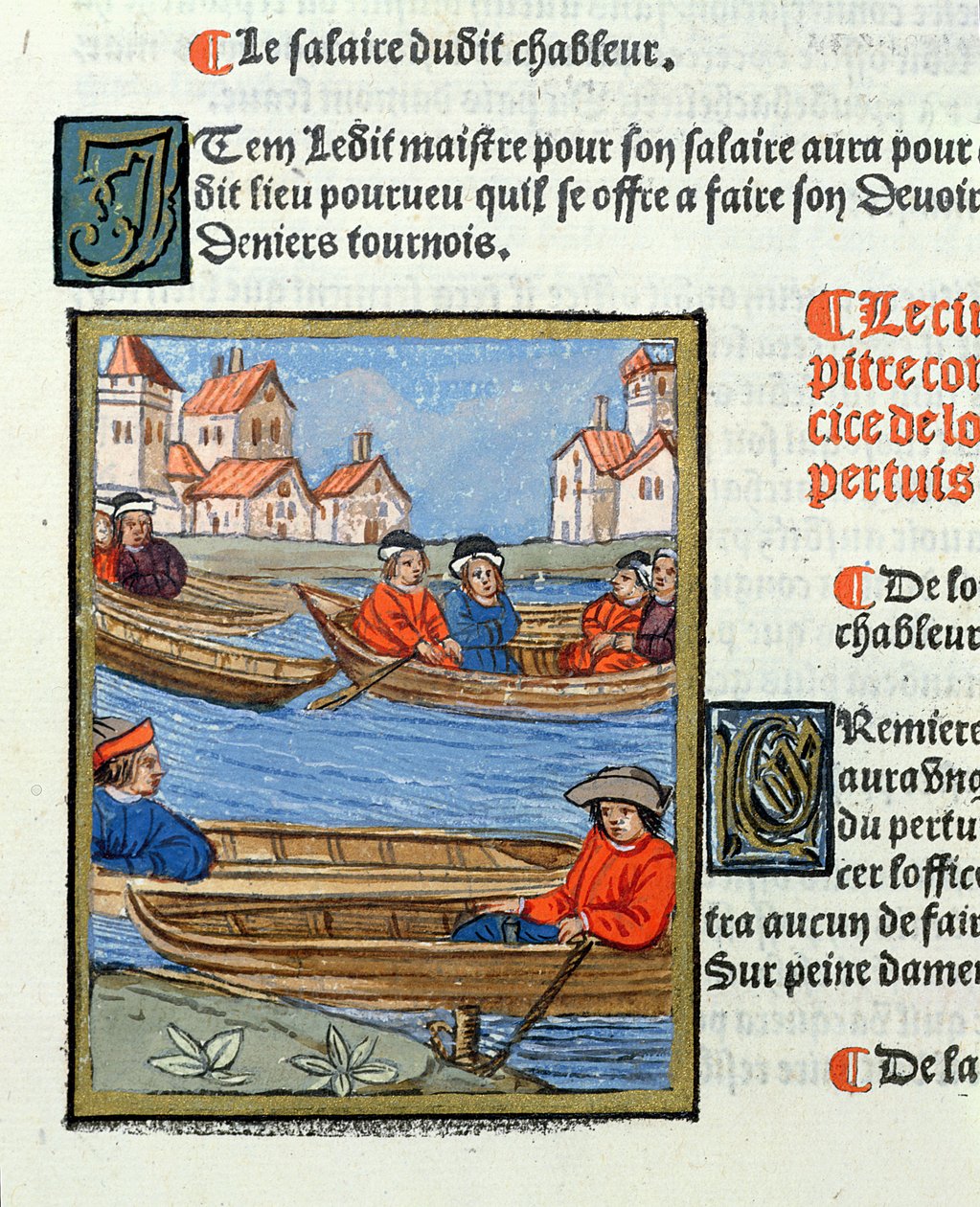 Lauttamiehiä Seine-joella, "Ordonnances Royaux de la Juridiction de la Prevote des Marchands de la Ville de Paris", 1528 (wc ja guassi paperilla) tekijältä Antoine Verard