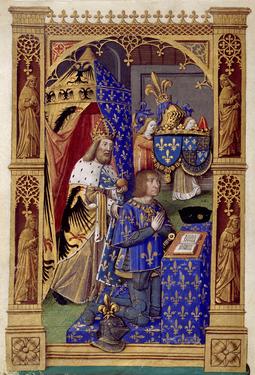 Ranskan kuningas Ludvig XII (1462-1515) rukouksessa Kaarle Suuri takana - Pienoiskuva Antoine Verard (1485-1512) ""Kaarle VIII:n tuntien kirjassa"" tekijältä Antoine Verard