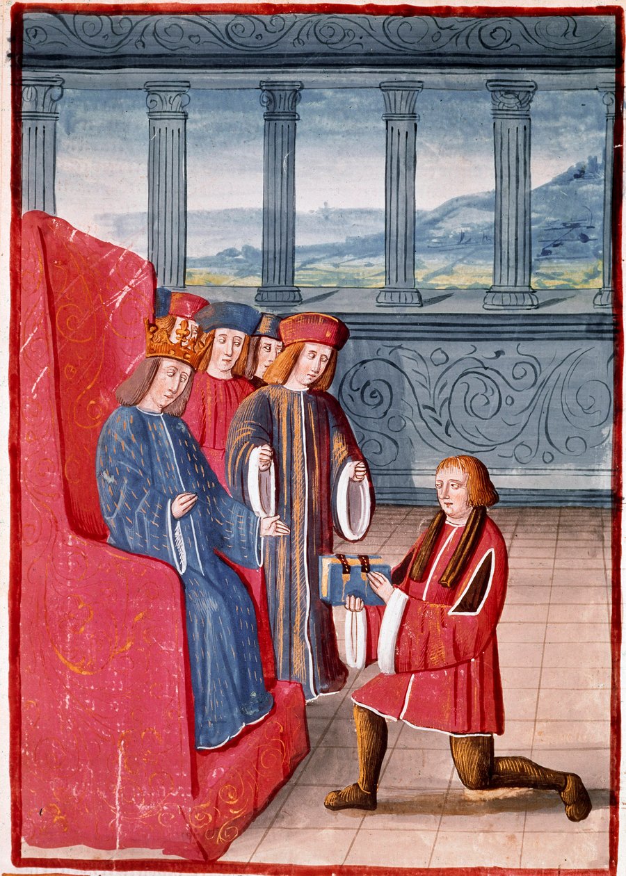 Kirjoittaja esittelee kirjansa Ranskan kuninkaalle Charles VIII:lle (1470-1498) Pienoiskuva "Chronicles de Francesta"", kuvittanut Antoine Verard (1450-1519) Biblioteca Nazionale, Torino tekijältä Antoine Verard