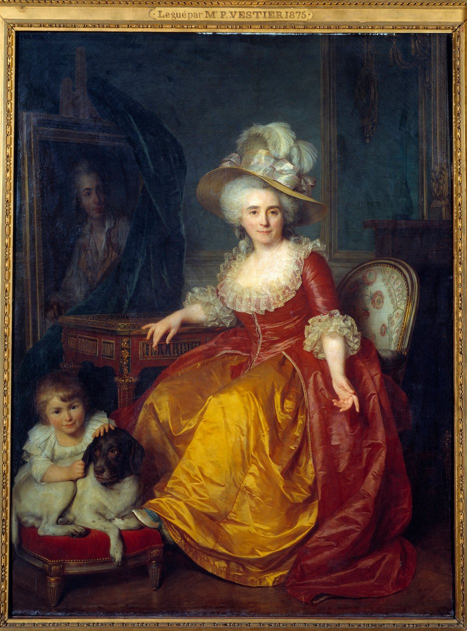 Muotokuva Madame Vestieristä (1740-1831) jaloissa lapsen jaloissa puristamassa koiran korvaa Antoine Vestierin (1740-1824) maalaus 1787 Su. 1,76x1,34 m tekijältä Antoine Vestier