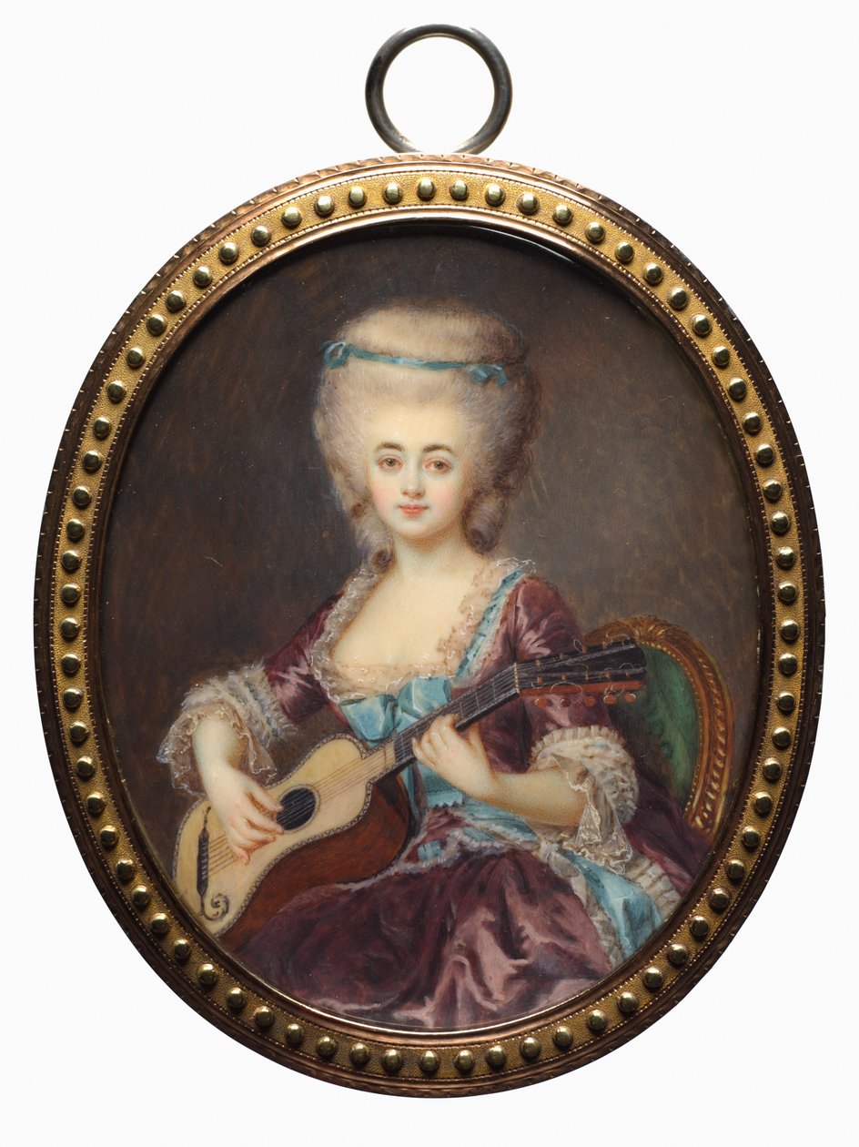 Muotokuva naisesta kitaralla, nimeltä Louise DAumont, Mazarin..., 1700-luvun loppu. tekijältä Antoine Vestier
