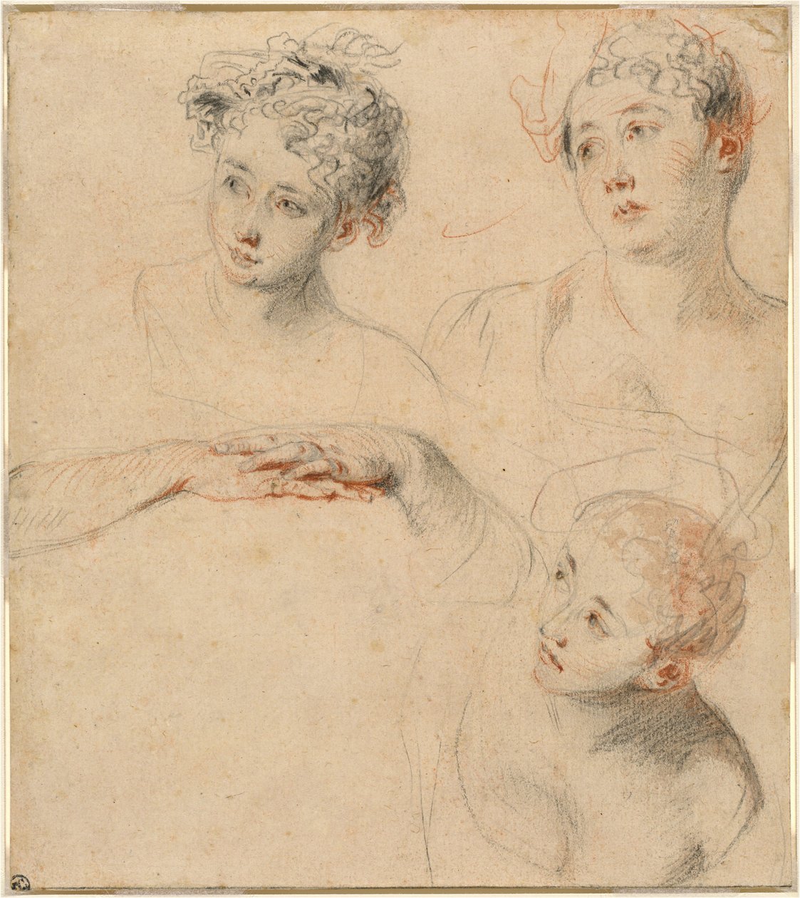 Kolme tutkimusta naisen päästä ja käsien tutkimus [recto] tekijältä Antoine Watteau